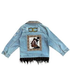 Lesal Up-Cycled Western Denim Jacket Kids 5-6 Horse Fringe Cowhide Patch Blue‎